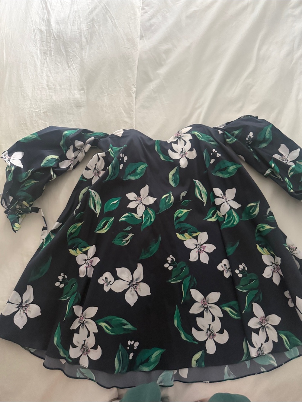 Caroline Constas Black Floral Strapless Dress with Green Leaves